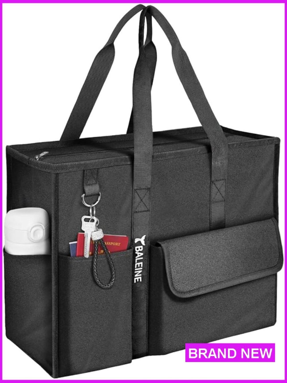 Large Utility Tote Bag with Reinforced Bottom Multi Pockets Foldable for Travel